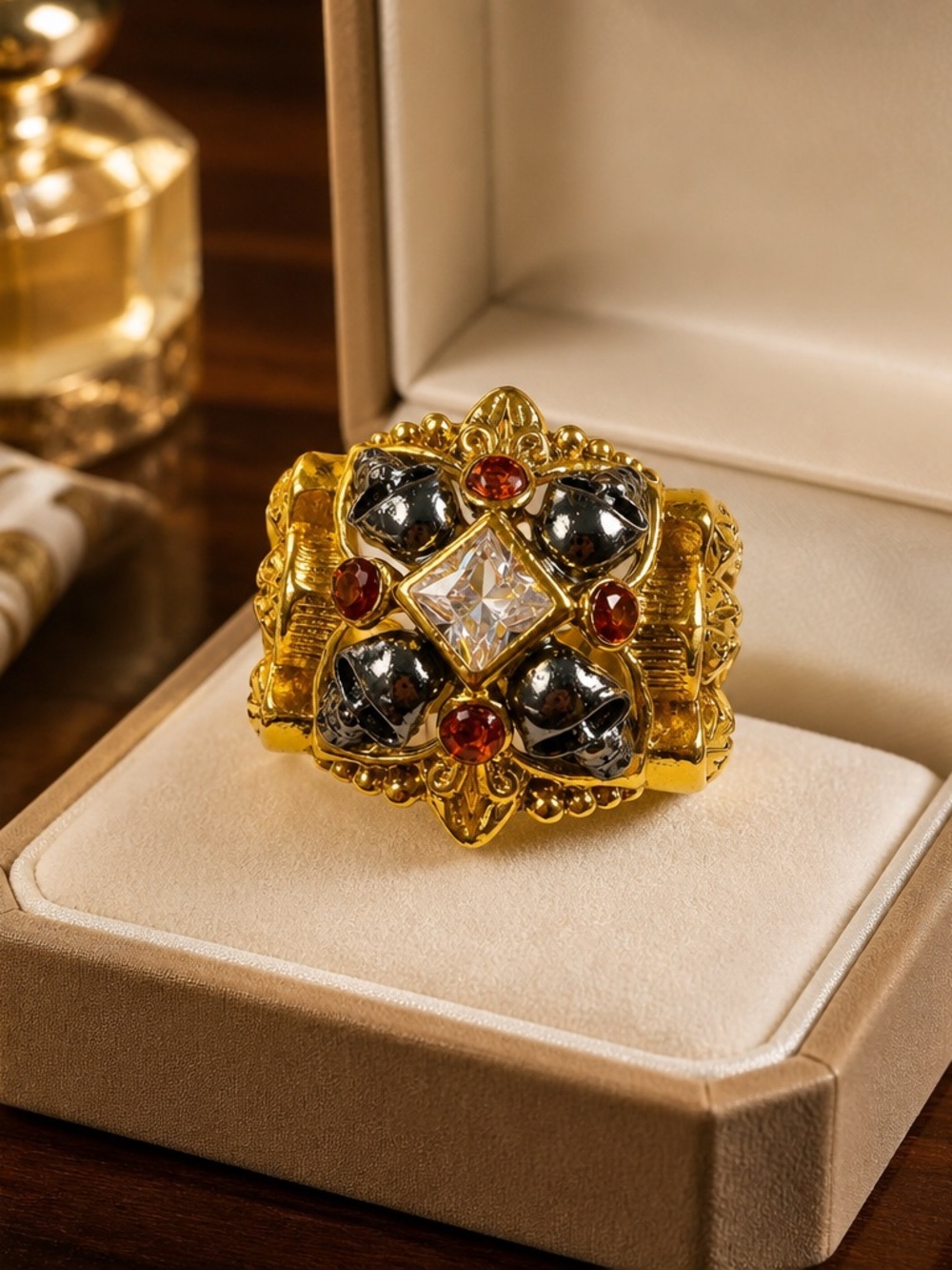 Men’s Ornate Gothic Gold Tone Skull Ring Size 12 NEW